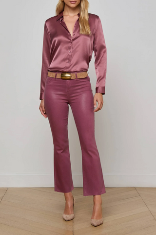 Kendra Coated Cropped Flare Jean | Deep Mauve