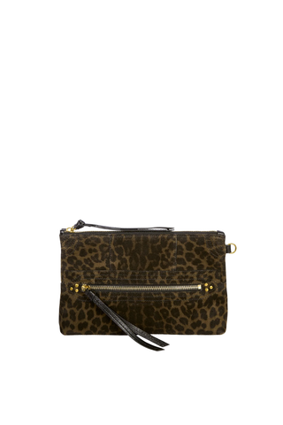 Lucky Clutch | Imprimé Léopard Kaki Split Suede