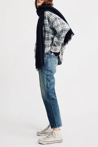 Cropped Button Front Shirt | Ecru/Light Blue Plaid