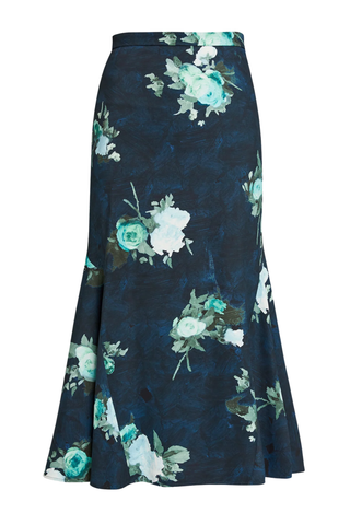 Floral Print Fluted Midi Skirt | Abstract Rose Navy