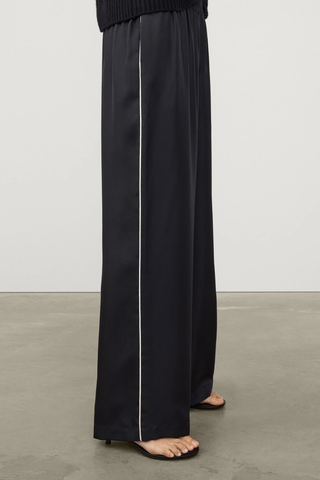 Piping Detail Wide Leg Trousers | Midnight/Bone