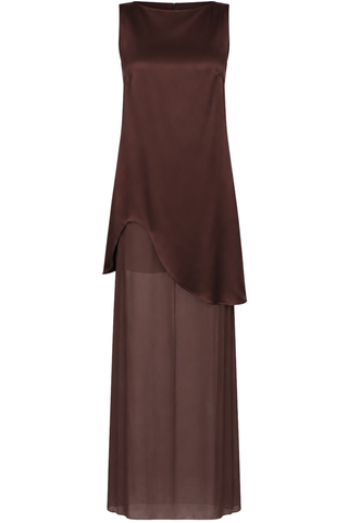 Satin Layered Sleeveless Shift Dress | Chocolate