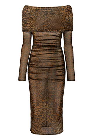 Printed Mesh Off Shoulder Midi Dress | Leopard