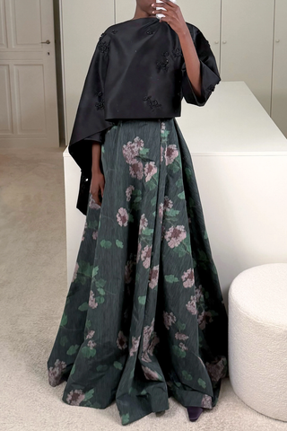 Leo Cape | Black Lingerie Rose Embroidery On Black