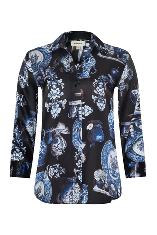 Dani Silk Blouse | Black/Blue Porcelain Print