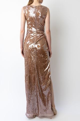 Sheer Sequin Ruched Gown With Slit | Oat