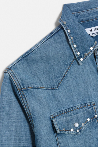 Distressed Western Shirt | Vintage Biker Blue Stud