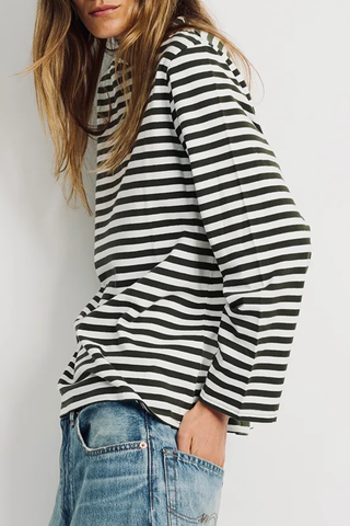 Long Sleeve Boatneck Tee | Olive Green Ecru Stripe