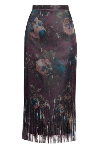 Floral Fringe Jacquard Pencil Midi Skirt | Fonteyn Rose Burgundy
