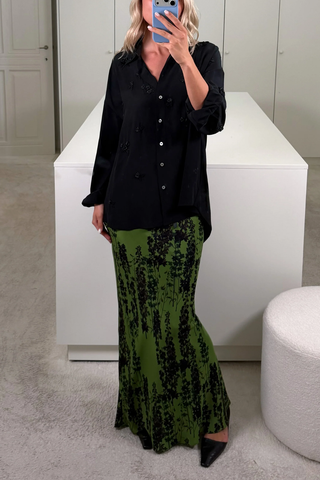Everett Silk Shirt | Black Lingerie Rose Embroidery