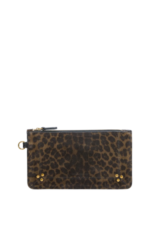 Popoche S Zip Pouch | Imprimé Léopard Kaki Split Suede