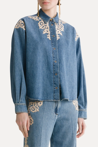 Embroidered Indigo Twill Boxy Shirt | Celeste