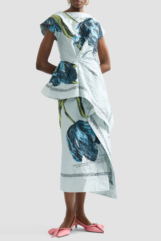 Floral Print Textured Satin Short Sleeve Blouse | Etched Tulip Powder Blue