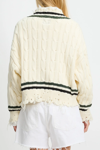 Oversized Cropped Cable Tennis Sweater | Cream White Black Green Stripes
