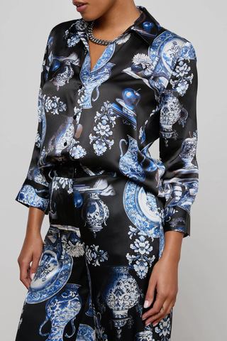 Dani Silk Blouse | Black/Blue Porcelain Print