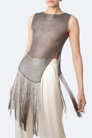 Metallic Netting Fringe Asymmetric Top | Gunmetal