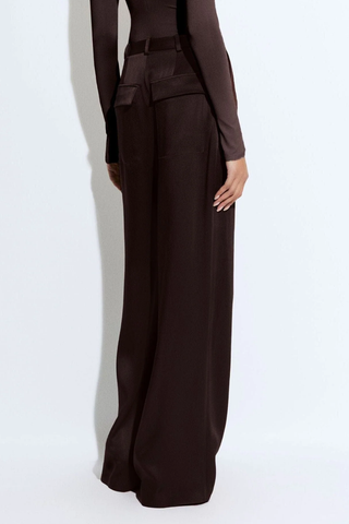Satin Relaxed Pleated Pant | Dark Brown