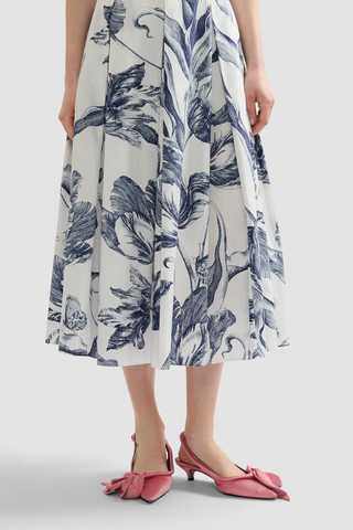 Floral Print Pleated Midi Skirt | Botanical Engraving Ivory