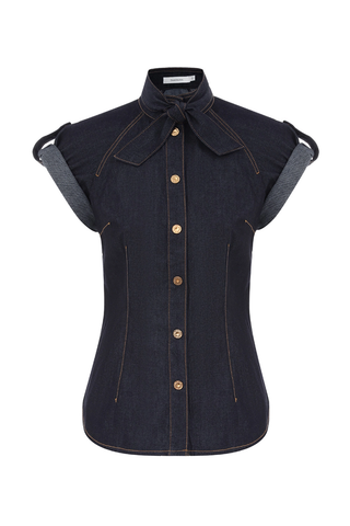 Denim Tie Neck Shirt | Night Sky