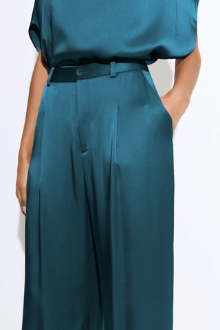 Satin Relaxed Pleated Pant | Dark Teal