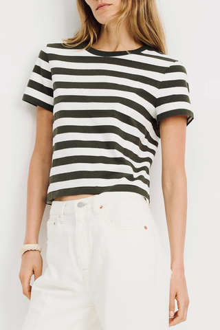 Striped Baby Tee | Dark Olive Green Ecru Wide Stripe