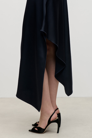 High Neck Draped Midi Dress | Dark Navy