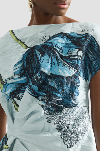 Floral Print Textured Satin Short Sleeve Blouse | Etched Tulip Powder Blue