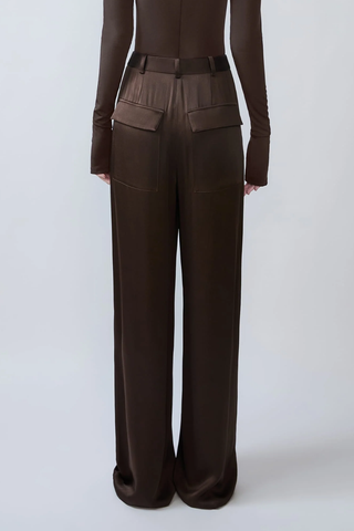 Satin Relaxed Pleated Pant | Chocolate
