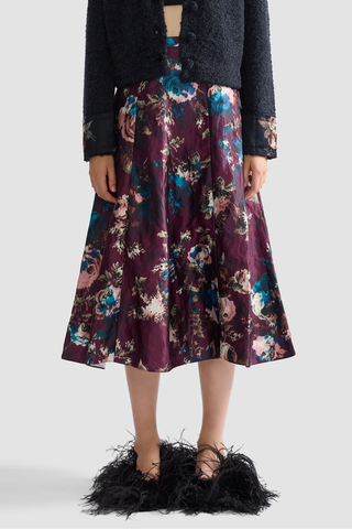 Floral Textured Satin A-Line Midi Skirt | Fonteyn Rose Burgundy
