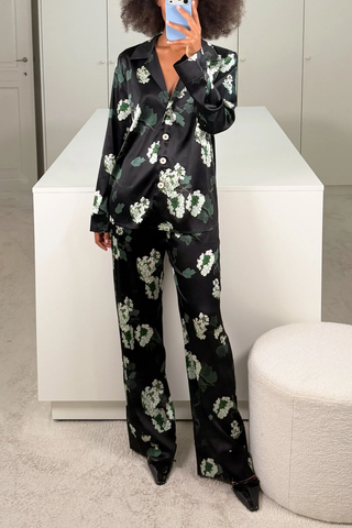 Louis Pyjama Pants | Green Hydrangeas On Black