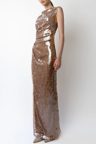 Sheer Sequin Ruched Gown With Slit | Oat