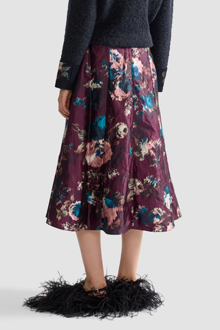 Floral Textured Satin A-Line Midi Skirt | Fonteyn Rose Burgundy