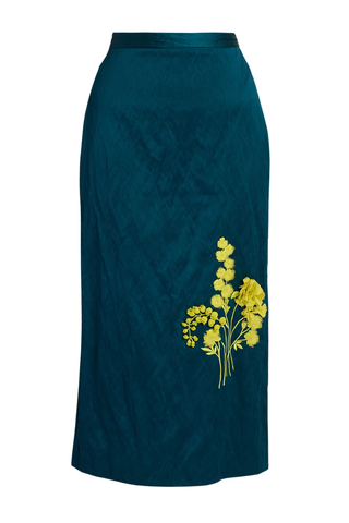 Embroidered Textured Satin Midi Pencil Skirt | Smokey Blue