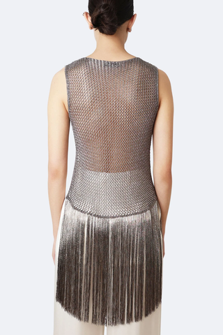 Metallic Netting Fringe Asymmetric Top | Gunmetal