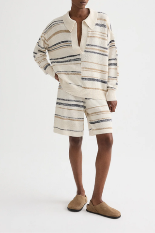 V Neck Long Sleeve Polo | Ivory Multi