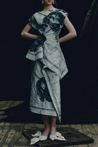 Floral Print Textured Satin Draped Midi Skirt | Etched Tulip Powder Blue