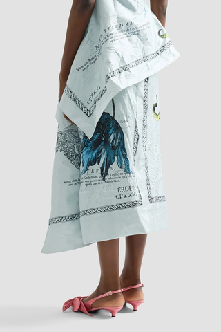 Floral Print Textured Satin Draped Midi Skirt | Etched Tulip Powder Blue