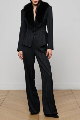 Kaisley Fur Collar Blazer | Black Shadow Stripe