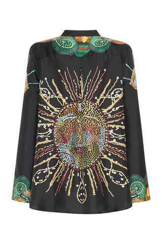 Silk Henley Shirt | Embroidered Sun