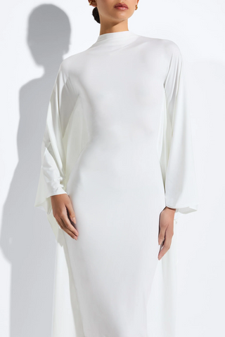 white batwing dress Compact Jersey Mock Neck Batwing Gown