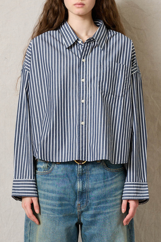 Cropped Button Front Shirt | Navy/White Wide Stripe