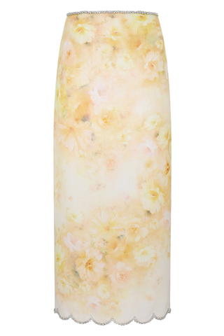 Crush Scalloped Midi Skirt | Yellow Floral