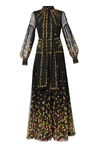 Blouson Sleeve With Neck Tie Gown | Black