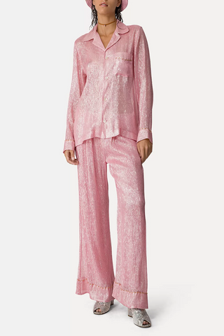 Pyjama Trousers In Silk Chiffon And Lurex With Beadwork | Light Rose