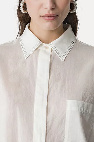 Cotton Silk Voile Oversized Shirt With Strass | Blanc