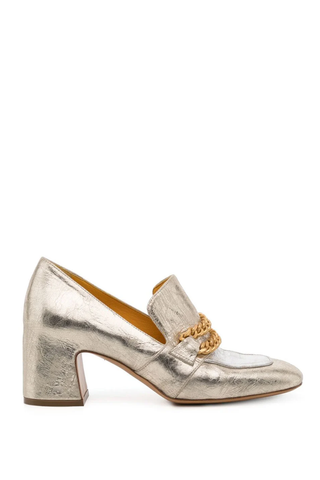 Leather Heel Loafer With Chain | Platino/Silver