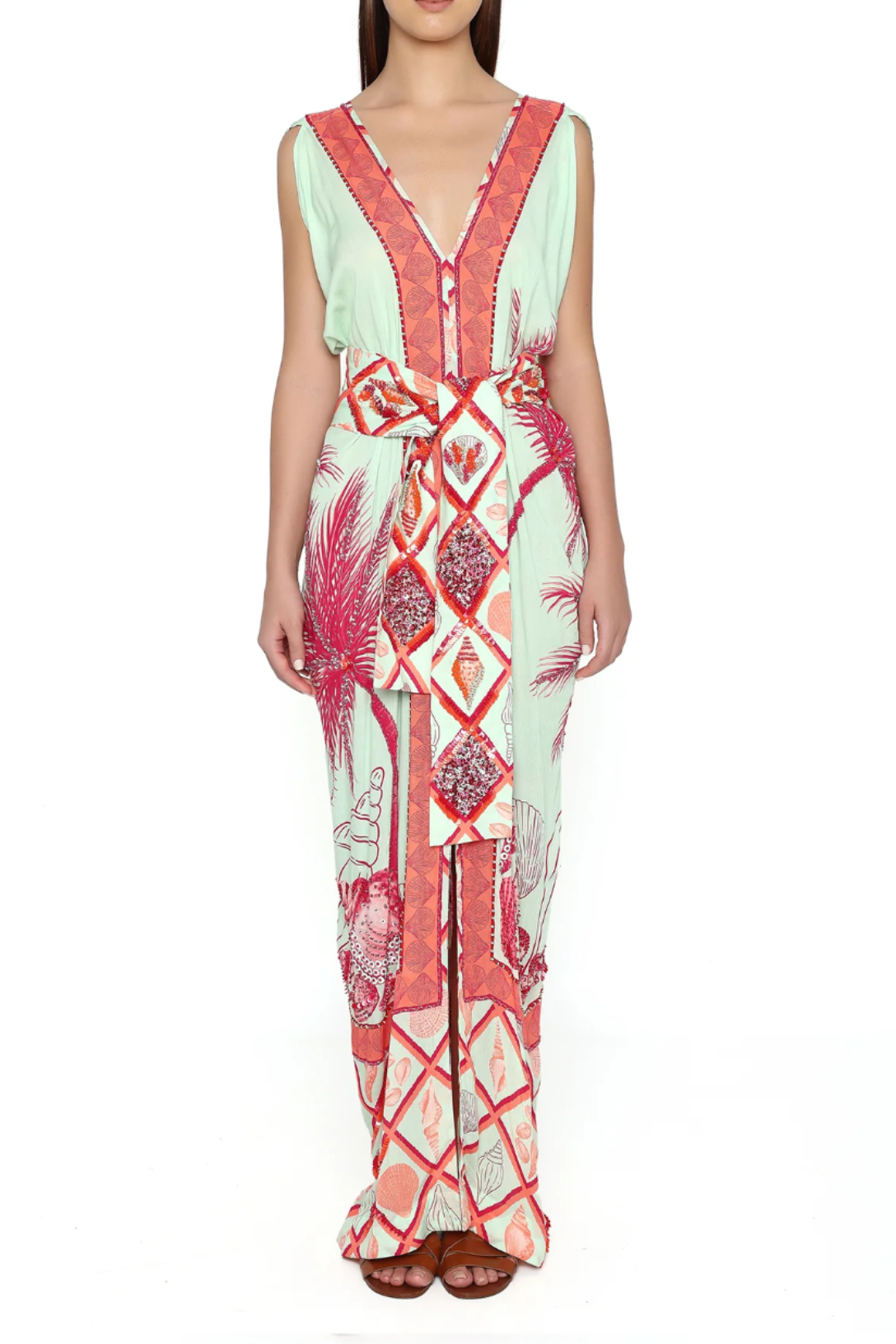Hand Beaded Ocean Kaftan Dress | Coral and Celadon Palm Panel M Hand Beaded Ocean Kaftan Dress | Coral and Celadon Palm Panel M