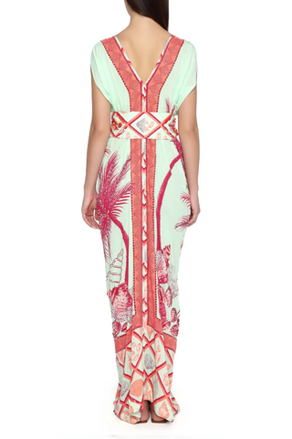 Hand Beaded Ocean Kaftan Dress | Coral and Celadon Palm Panel