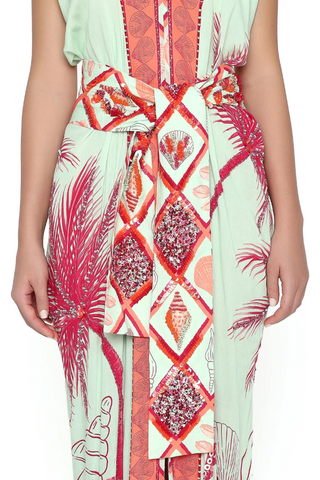 Hand Beaded Ocean Kaftan Dress | Coral and Celadon Palm Panel