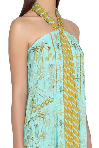Hand Beaded Safari Halter Gown | Mustard and Aqua Lanka Panel